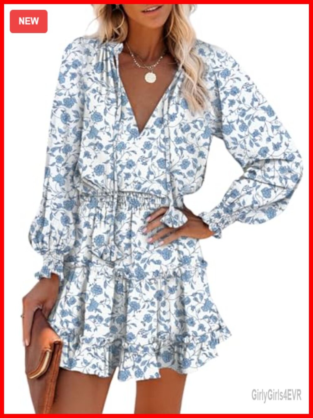 Split V Neck Ruffle Chiffon Tiered Long Sleeve Mini Casual Dress